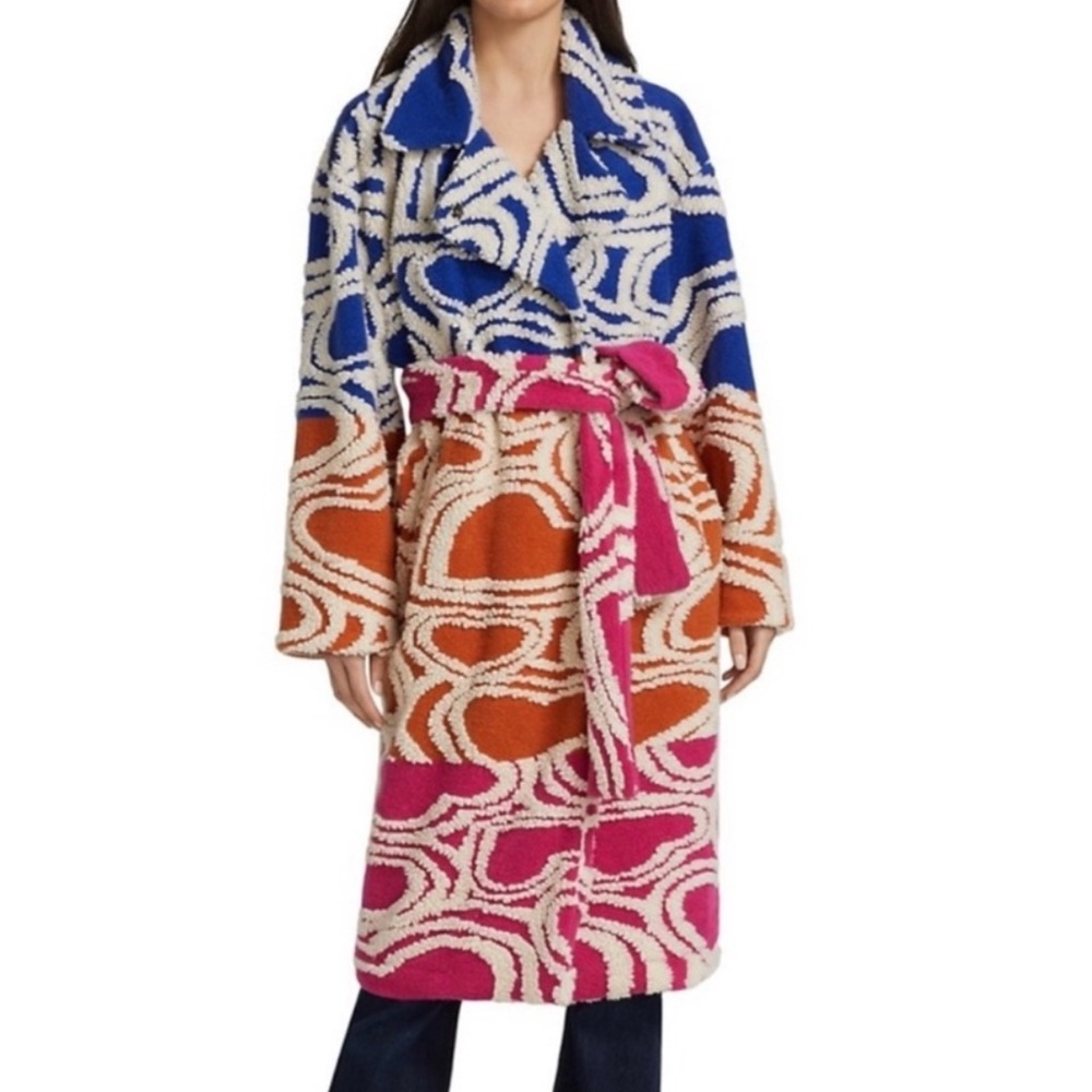 NWT FARM Rio Multicolor Wild Hearts Fleece Oversized Coat Tie Belt Wool Blend